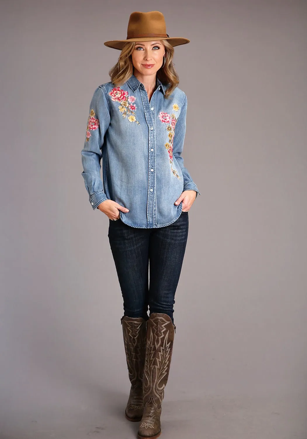 Stetson Womens Floral Front Blue Lyocell L/S Shirt Casual Look