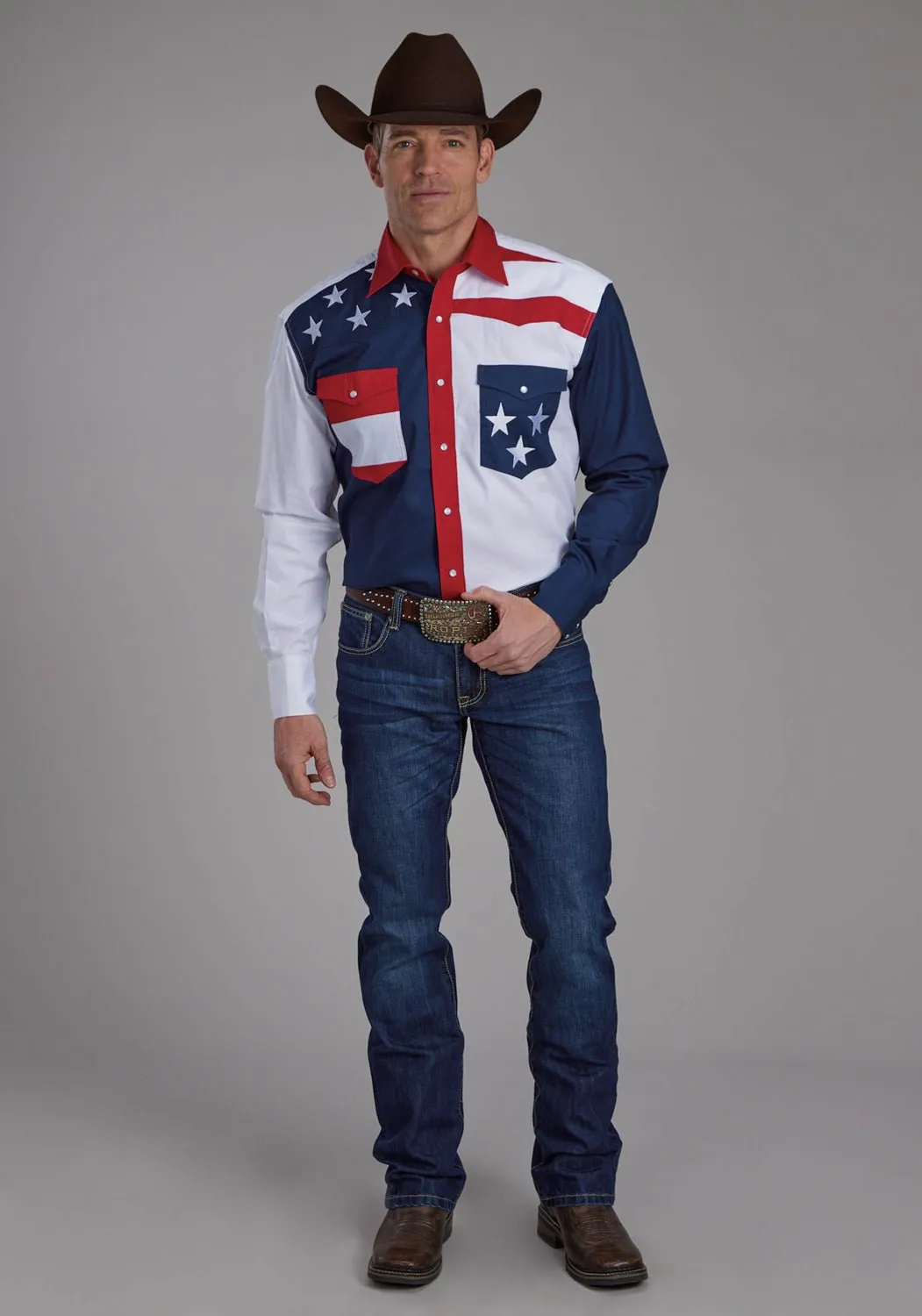 Chill Comfort Roper Americana Mens Blue Blue 100% Cotton L/S Embroidered Stars Western Shirt
