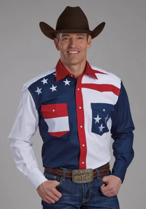 Tear Resistant Roper Americana Mens Blue Blue 100% Cotton L/S Embroidered Stars Western Shirt Wardrobe Must-Have Seasonal Trend Roper Americana Mens Blue Blue 100% Cotton L/S Embroidered Stars Western Shirt