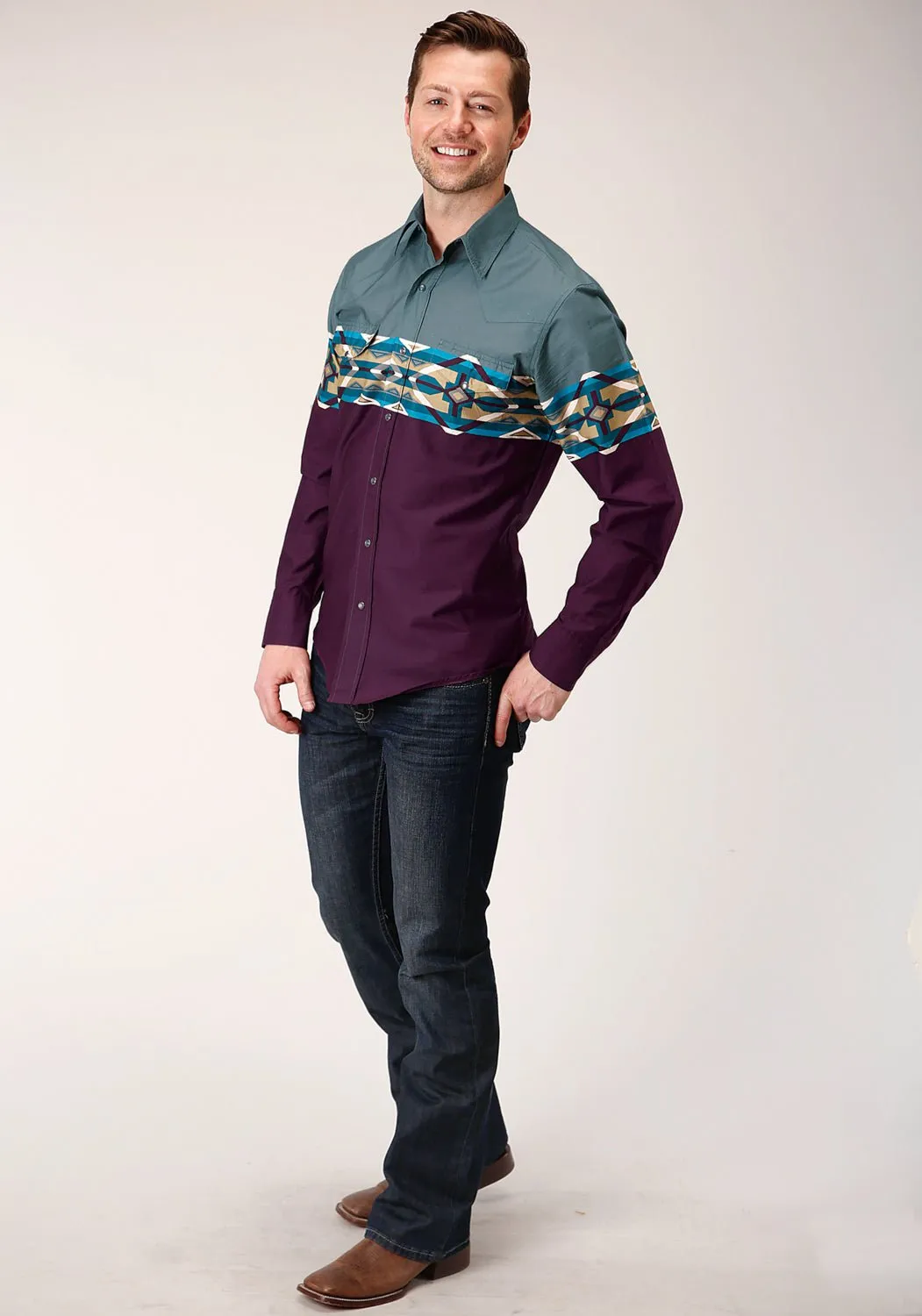 Roper Mens Wine 100% Cotton Tile Aztec L/S Snap Shirt Odor Control Fabric Geometric Design