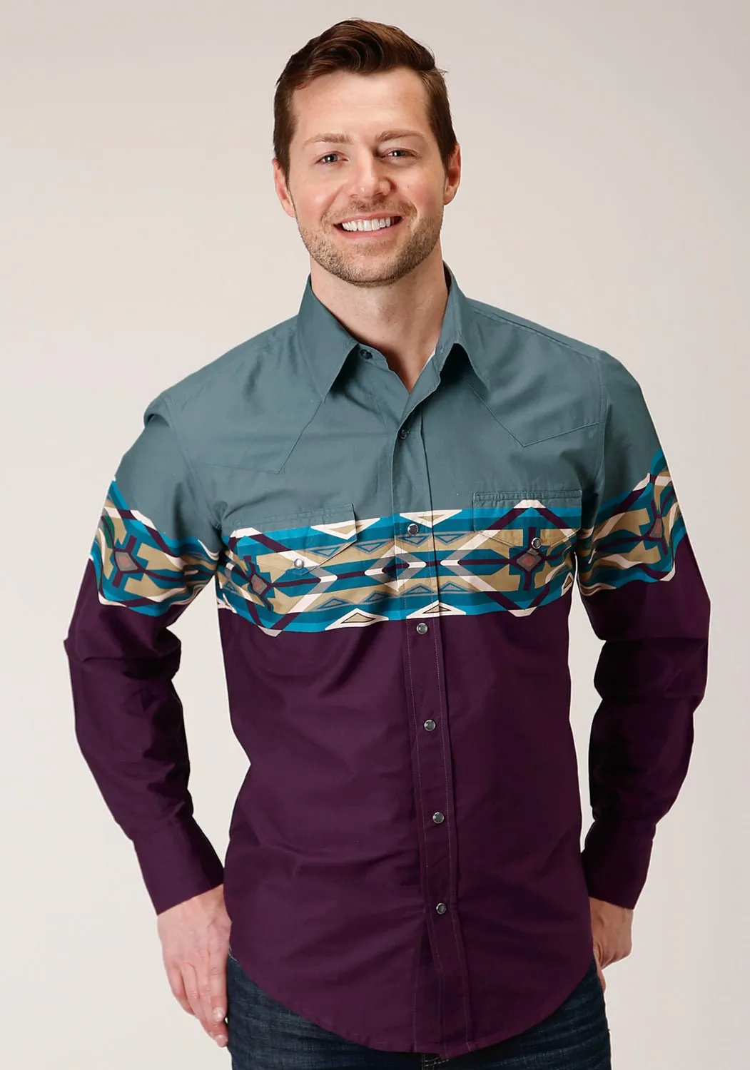 Roper Mens Wine 100% Cotton Tile Aztec L/S Snap Shirt Nautical Look