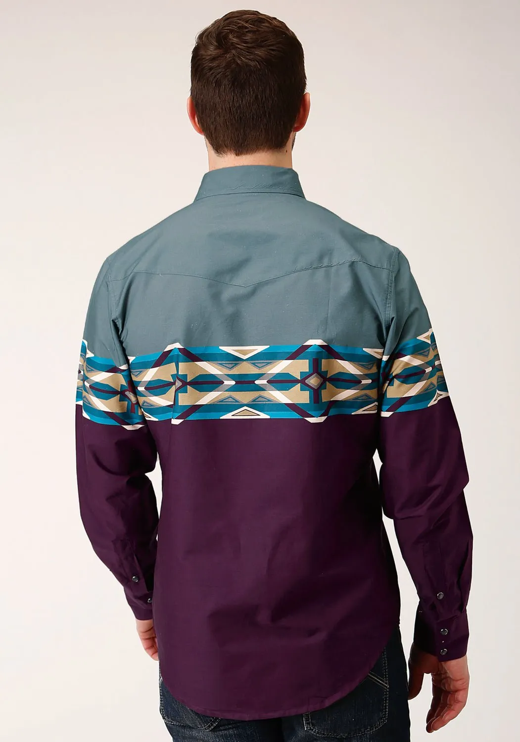 Roper Mens Wine 100% Cotton Tile Aztec L/S Snap Shirt Non Restrictive Fit