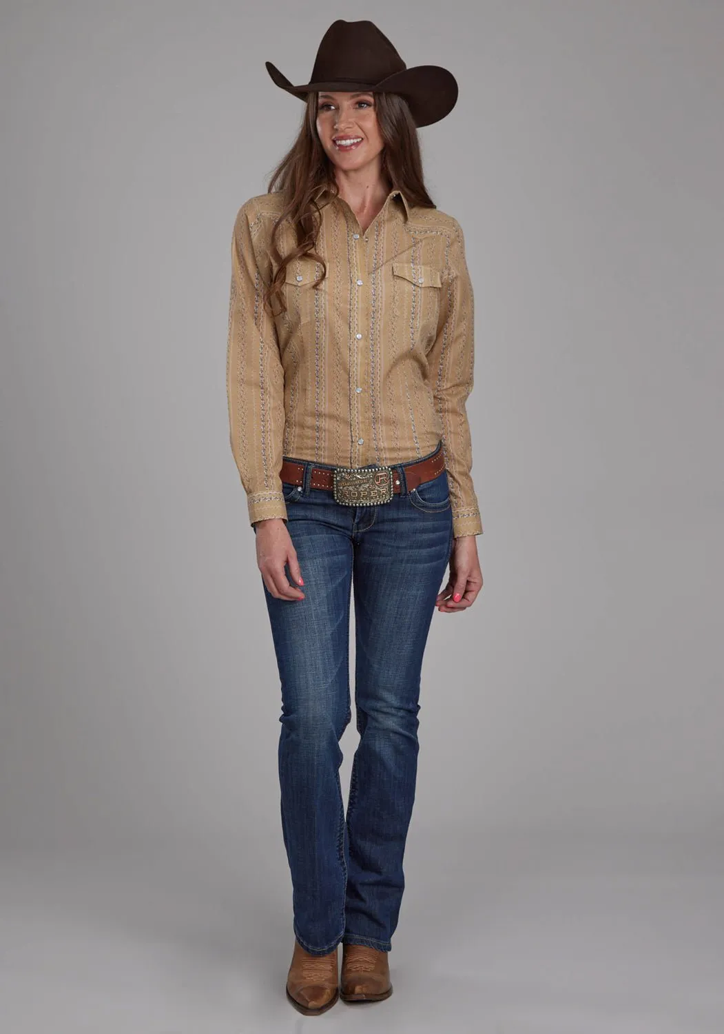 Tailored Silhouette Everyday Comfort Roper Womens 2283 Wallpaper Tan/Navy Cotton Blend L/S Shirt