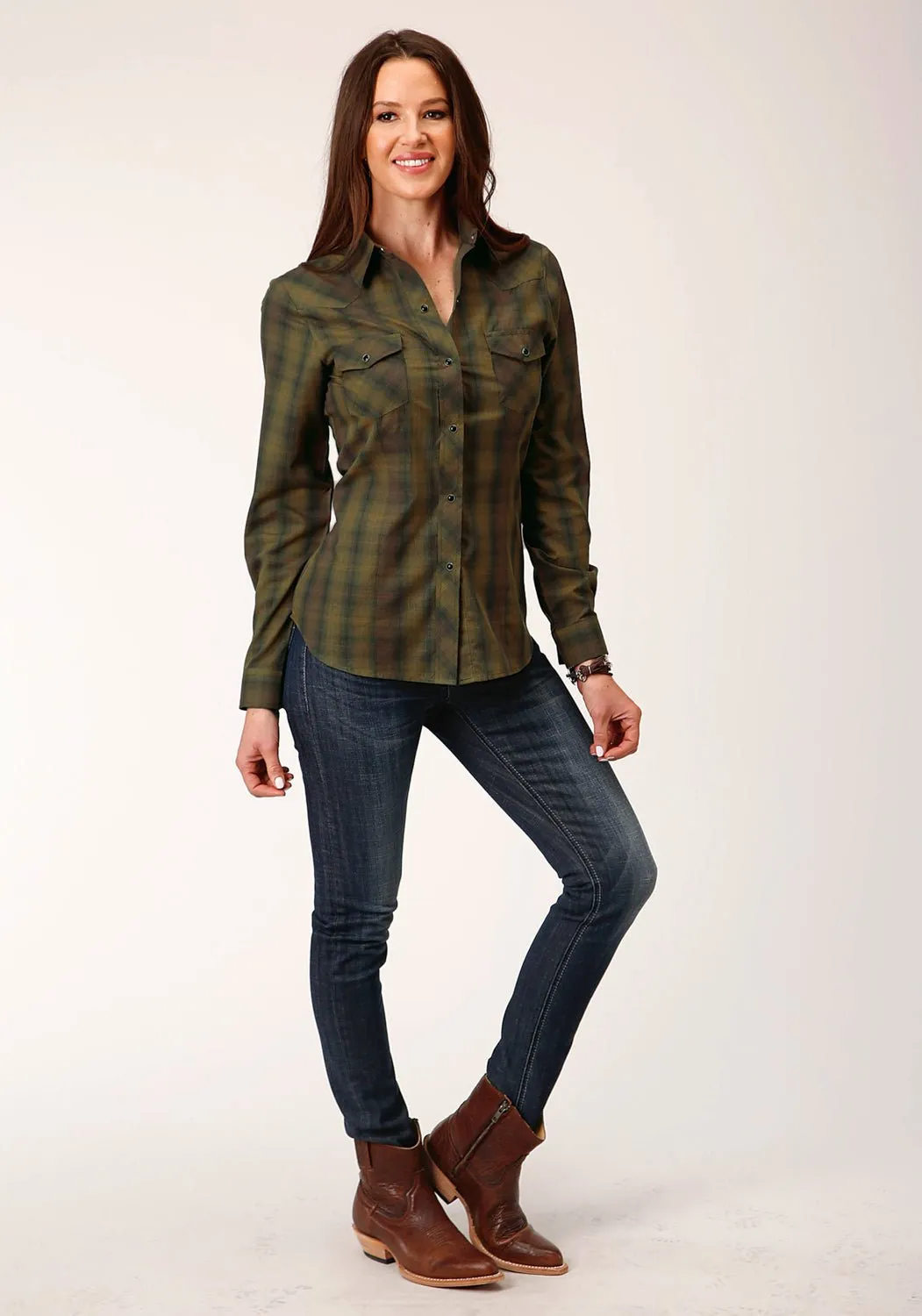 Smooth Zipper Design Roper Womens 55/45 Plaid Black/Gold Cotton Blend L/S Shirt