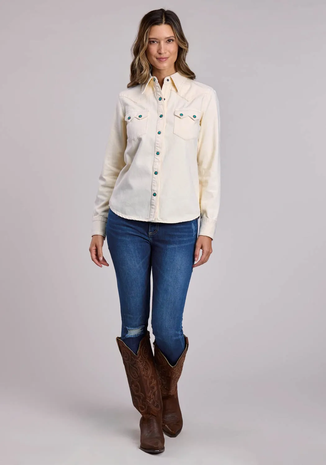 Stetson Womens 3 Point Back Yoke Cream 100% Cotton L/S Shirt Effortless Comfort Nautical Look
