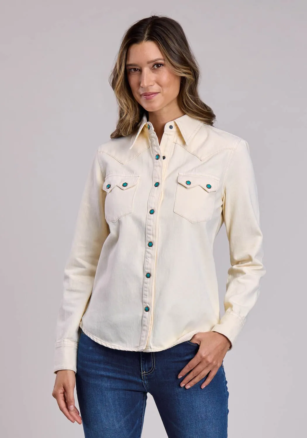 Breathable Underarm Vents Stetson Womens 3 Point Back Yoke Cream 100% Cotton L/S Shirt