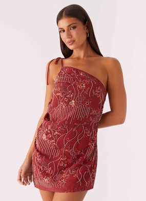 Temptational Beaded One Shoulder Mini Dress - Rust festival look Everyday Movement Temptational Beaded One Shoulder Mini Dress - Rust