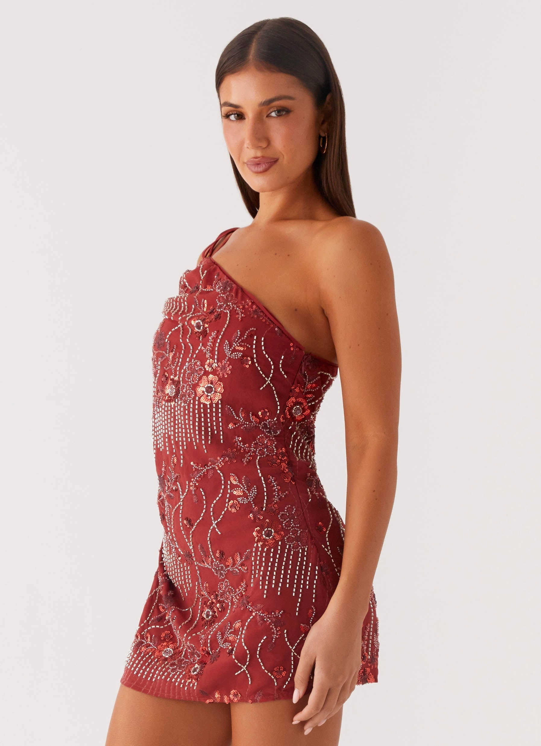 Temptational Beaded One Shoulder Mini Dress - Rust Young Edge Harmonious Layers