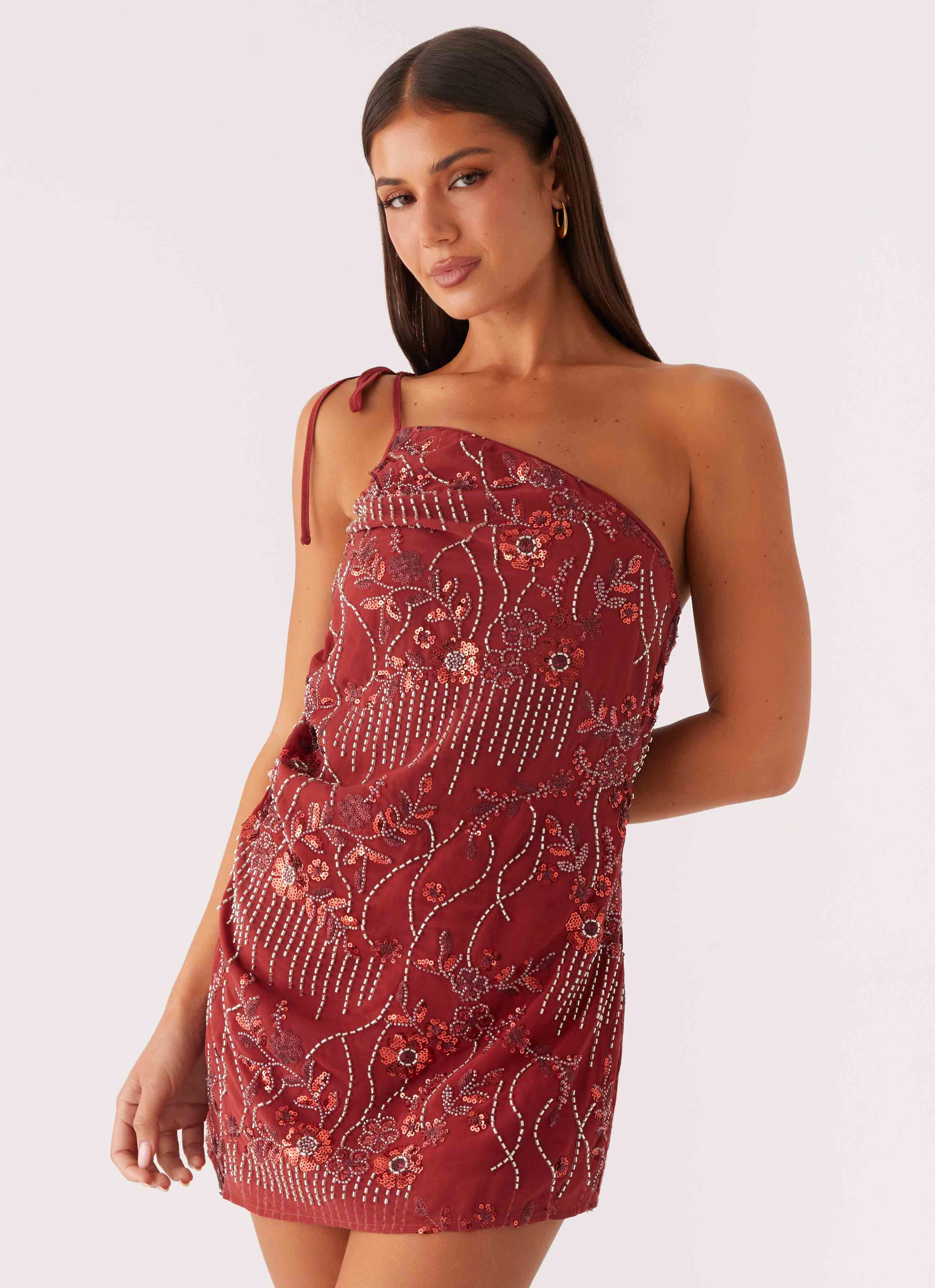 Everyday Movement Temptational Beaded One Shoulder Mini Dress - Rust