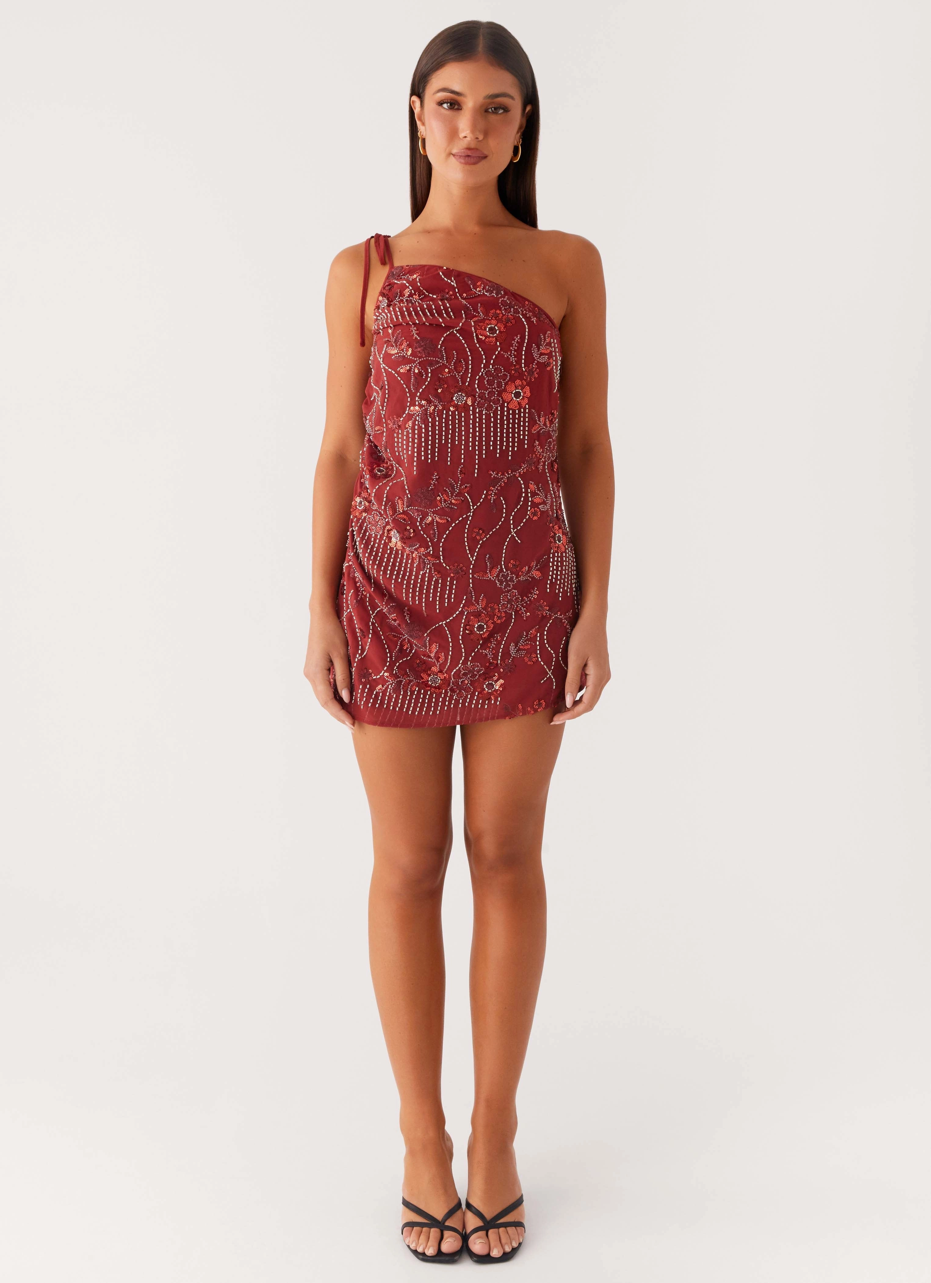 Romantic Soft Temptational Beaded One Shoulder Mini Dress - Rust