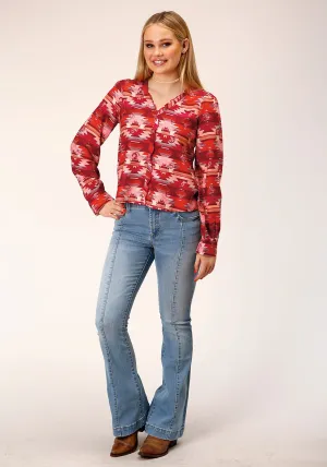 Textured Fabric Roper Womens Icon Aztec Red Rayon/Nylon L/S Blouse Roper Womens Icon Aztec Red Rayon/Nylon L/S Blouse Geometric Print Easy Comfort