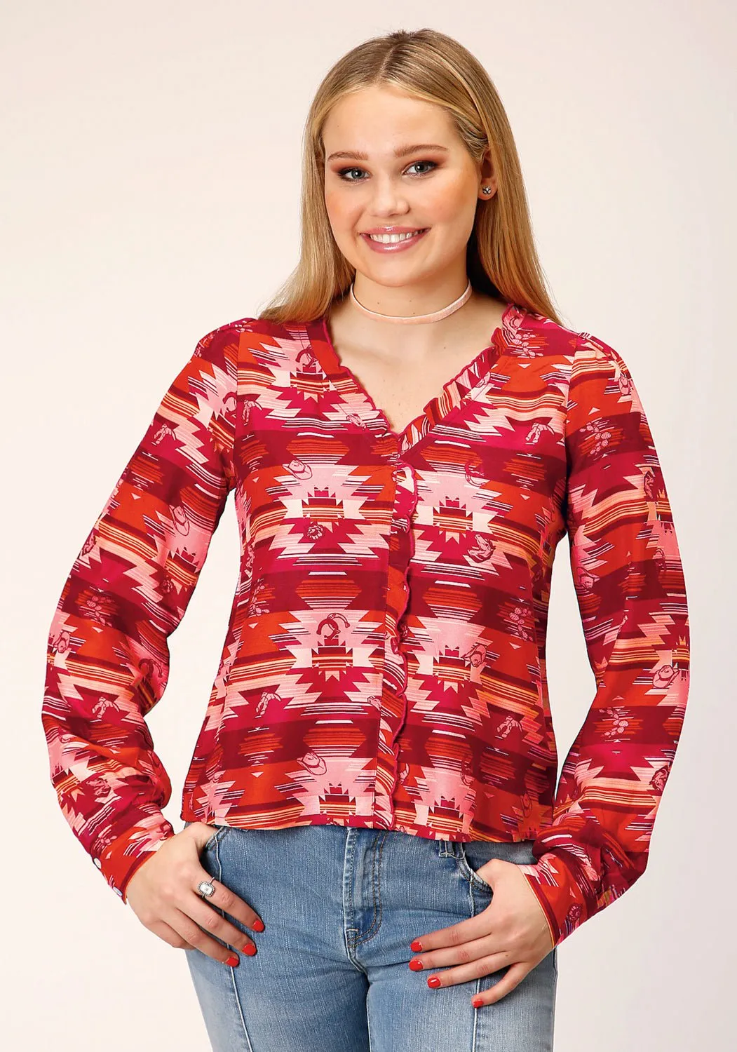 Roper Womens Icon Aztec Red Rayon/Nylon L/S Blouse Youthful Style