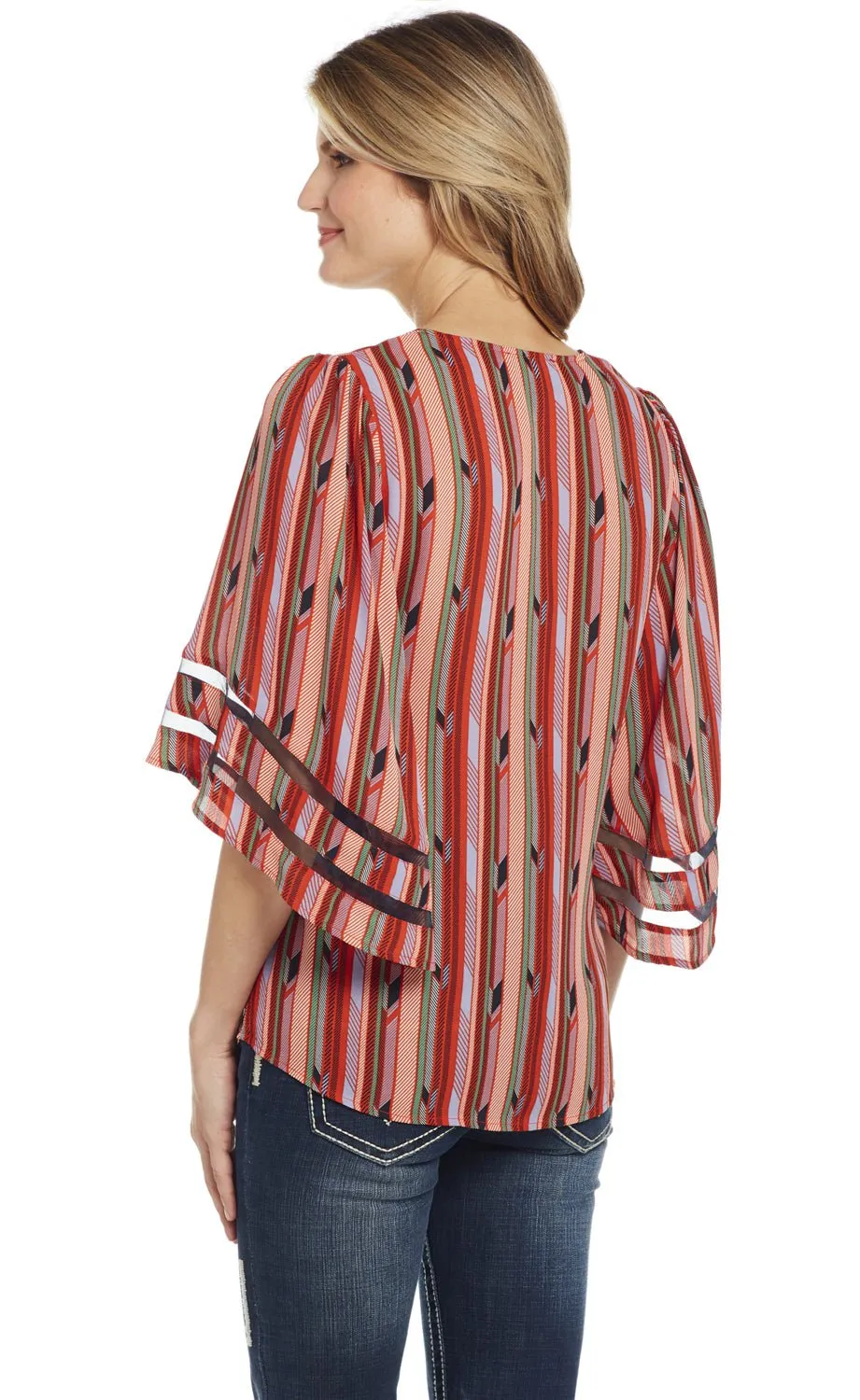 All Day Wear Timeless Look Cowgirl Up Womens Red/Green Polyester Striped Blouse S/S