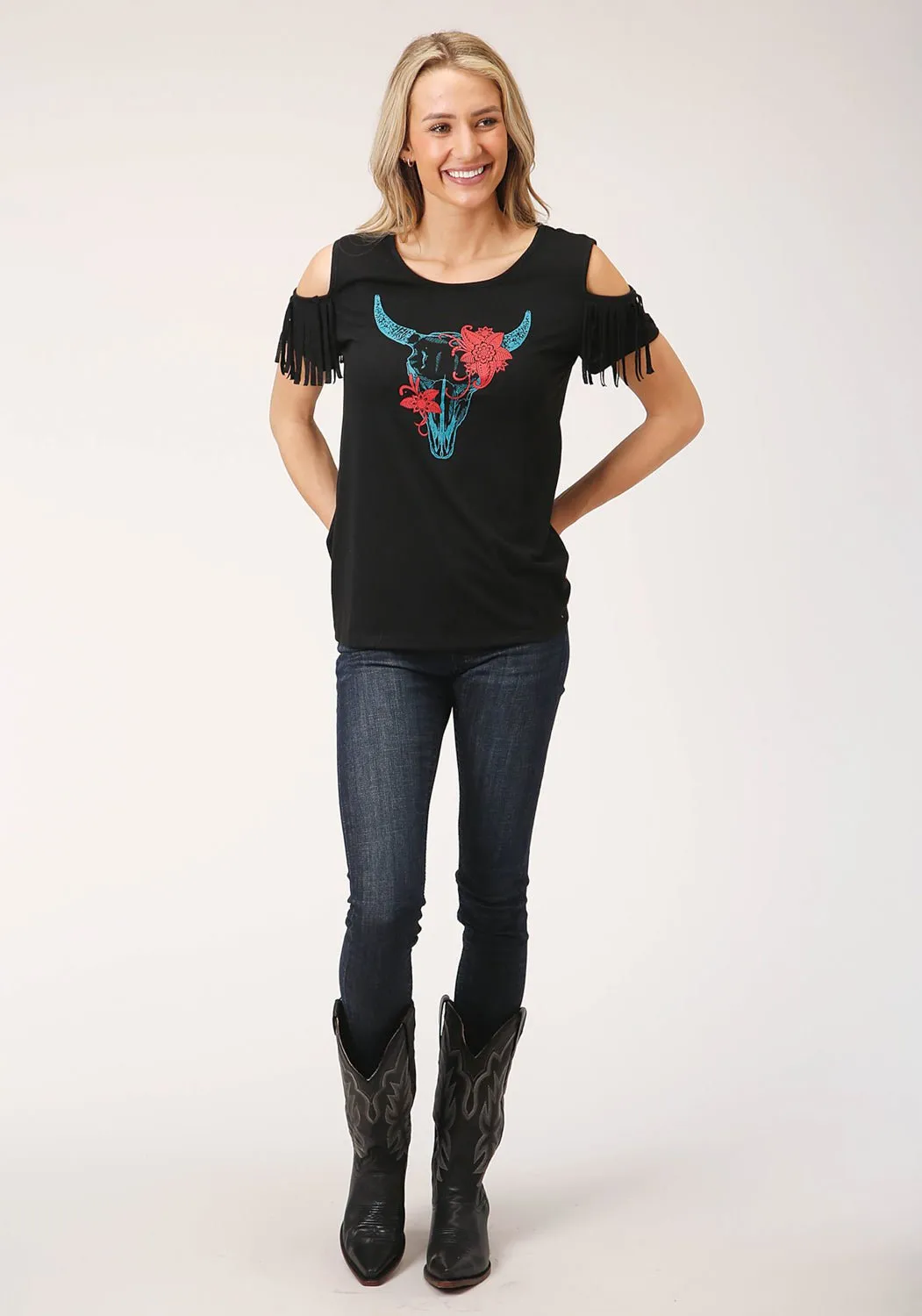 Roper Womens Black Poly/Rayon Cold Shoulder S/S Longhorn T-Shirt crew neck