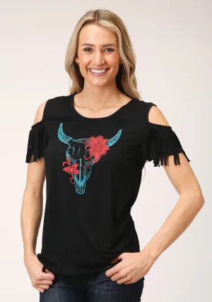 Thermal Regulating Lining Roper Womens Black Poly/Rayon Cold Shoulder S/S Longhorn T-Shirt Roper Womens Black Poly/Rayon Cold Shoulder S/S Longhorn T-Shirt Stretchy Cloth Eco Friendly Material