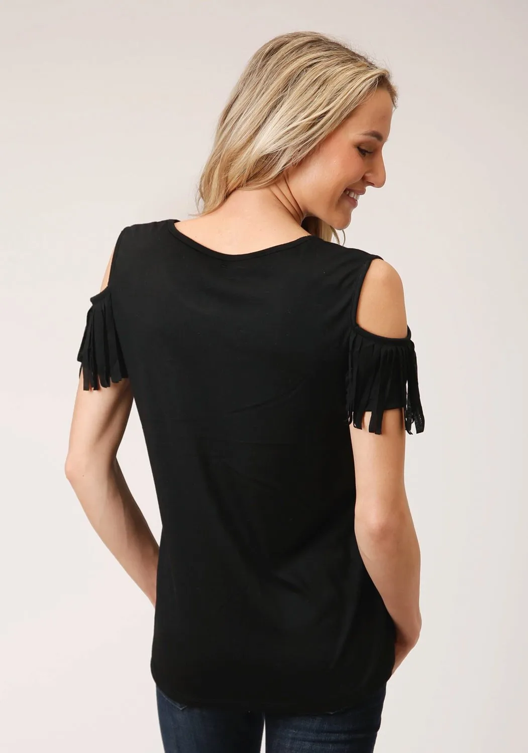 Roper Womens Black Poly/Rayon Cold Shoulder S/S Longhorn T-Shirt Brushed Inner Lining Bold colors