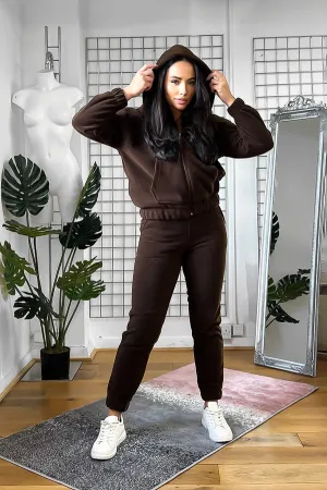 THICK FLEECE HOODED ZIP TOP & JOGGERS BROWN TRACKSUIT SET