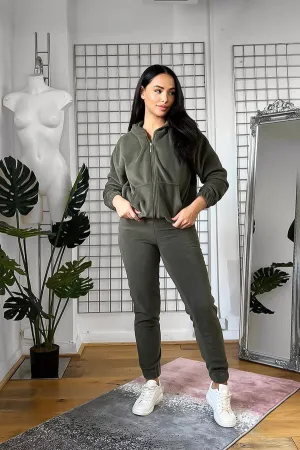 THICK FLEECE HOODED ZIP TOP & JOGGERS KHAKI TRACKSUIT SET