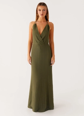 Thora Maxi Dress - Olive Beige Hue Thora Maxi Dress - Olive Art Event Applique-Detail