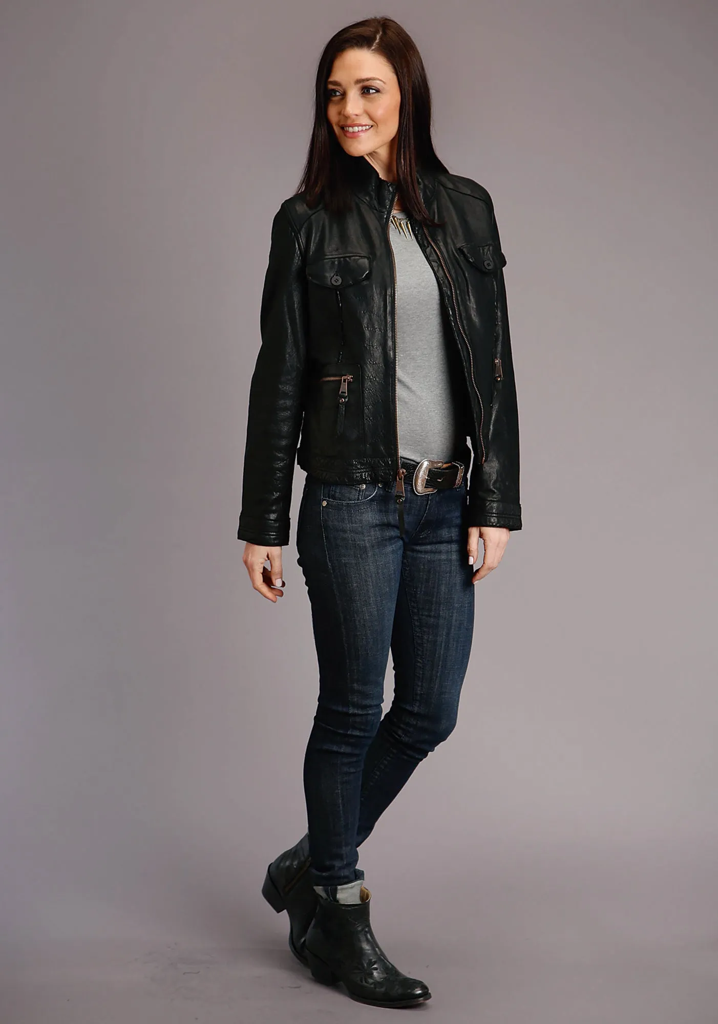 Timeless Comfort Stetson Womens Black Leather Smooth Pockets Jacket