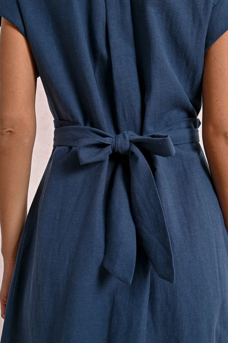Sleek Texture Soft Contour Tie Back Shirt Dress in Navy