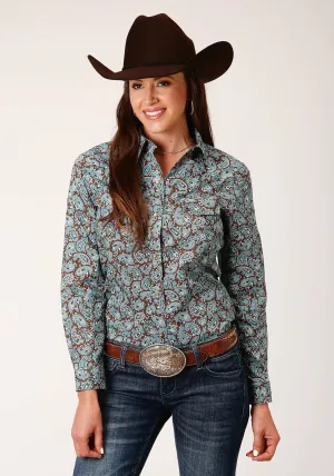 Tie-Dye Effect Roper Womens Turquoise Mine Paisley Blue 100% Cotton L/S Shirt Versatile Piece Tailored Cuffs Roper Womens Turquoise Mine Paisley Blue 100% Cotton L/S Shirt