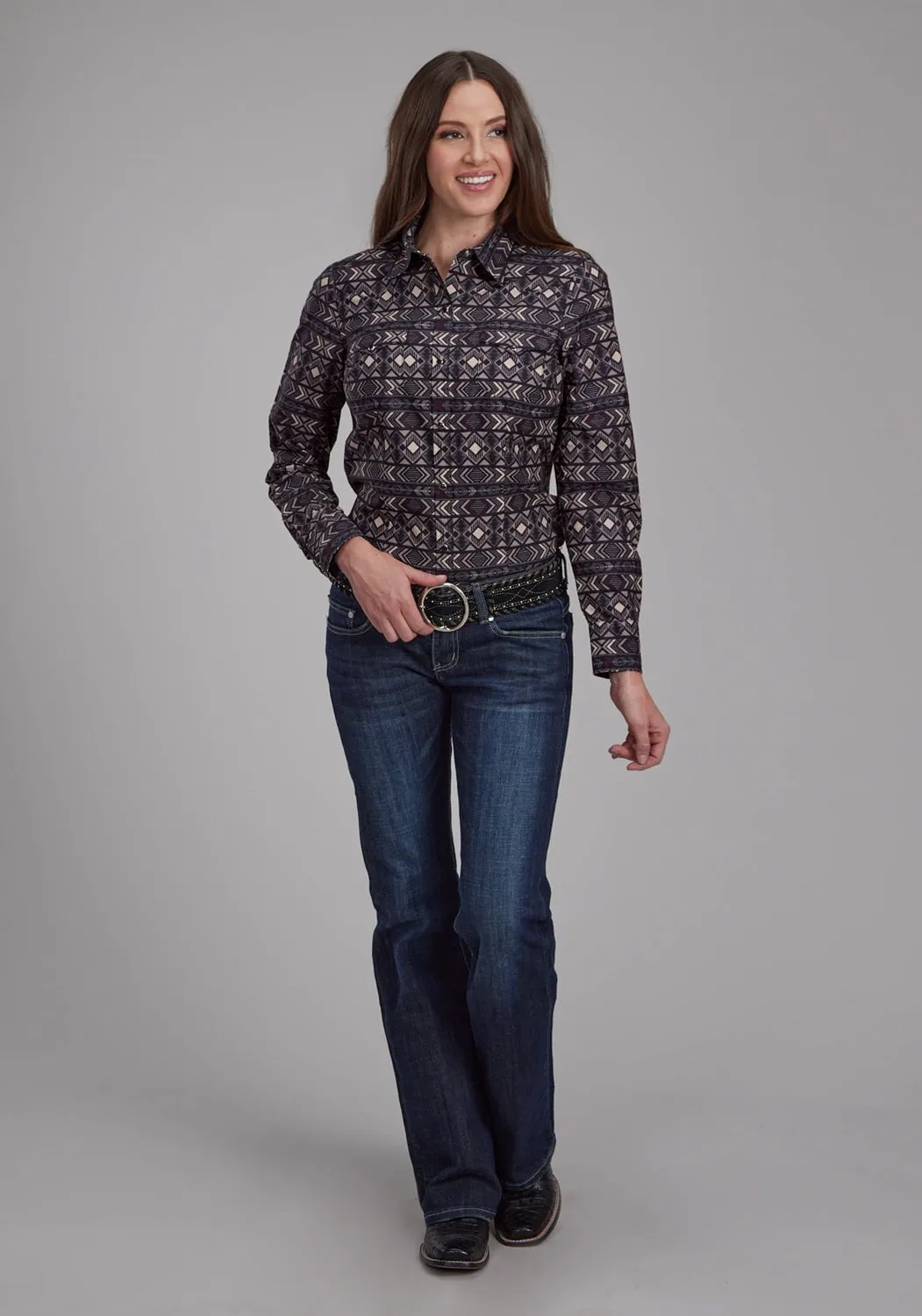 Pre Shrunk Cotton Blend All Purpose Weave Design Roper Womens Pop Color Aztec Grey 100% Cotton L/S Shirt