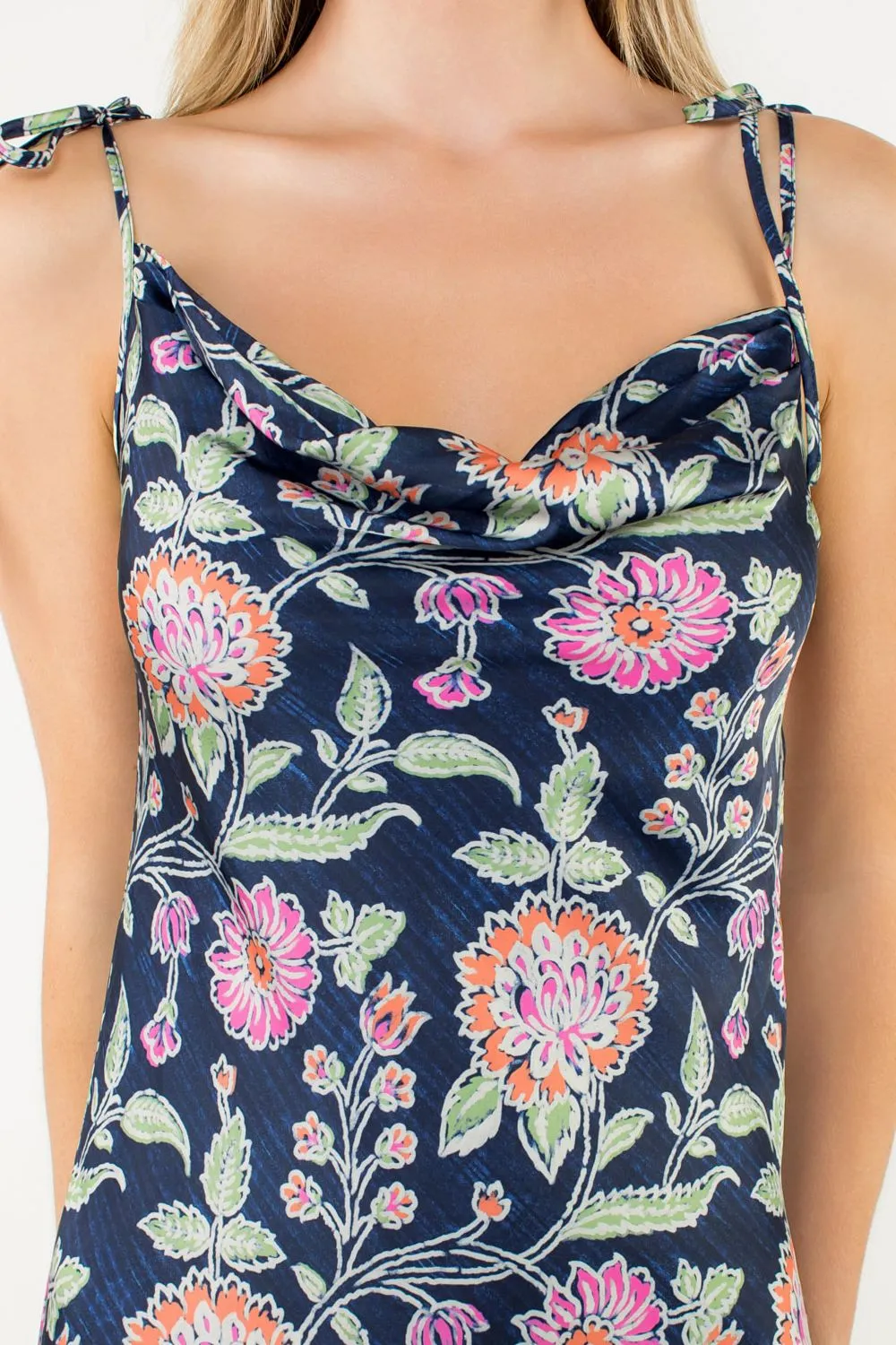 Front-Zip Elegant Fit TIE STRAP FLORAL SLIP DRESS