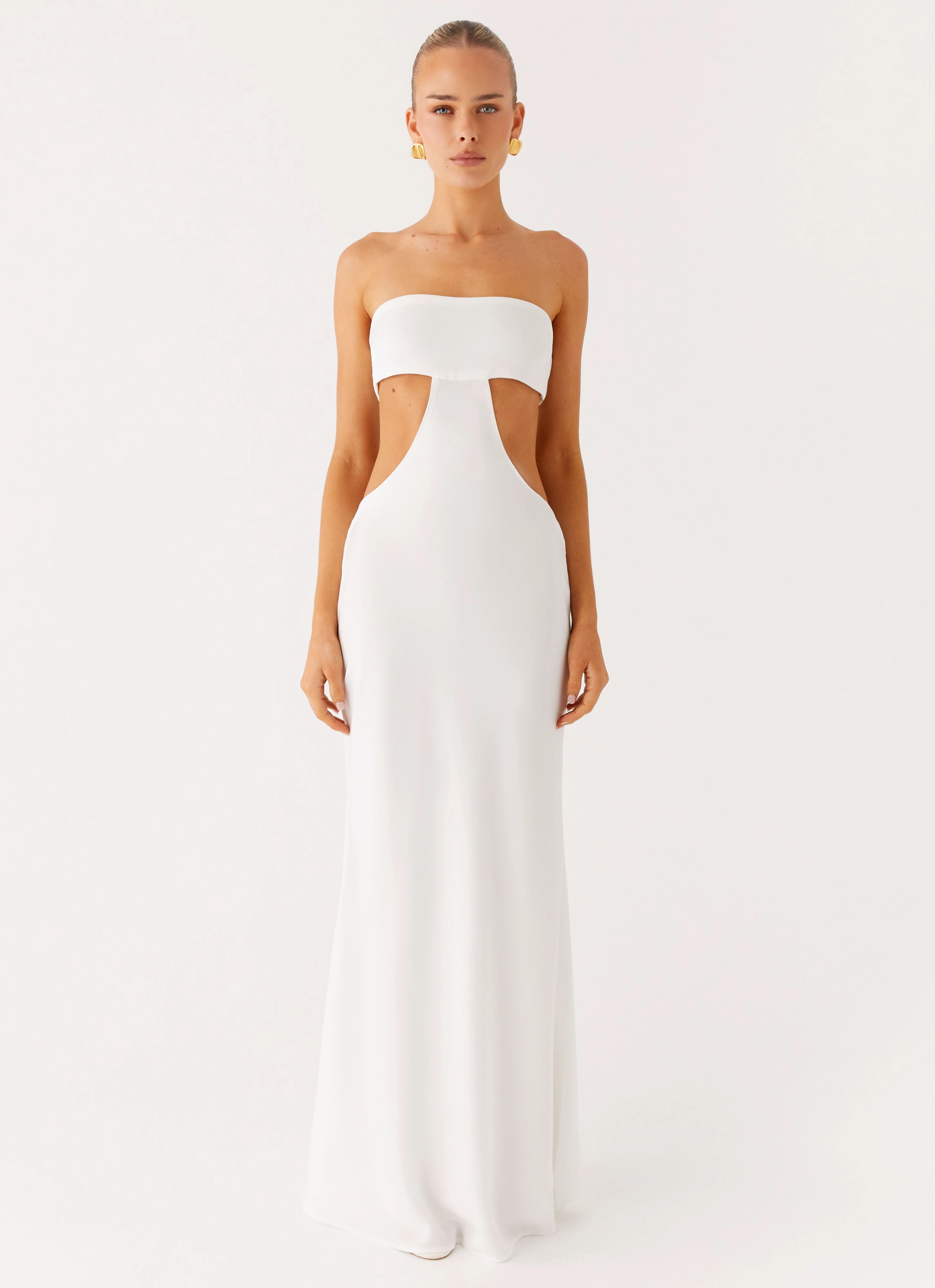 Side Ruching Luxurious Texture Kiss Me Cut Out Maxi - Ivory