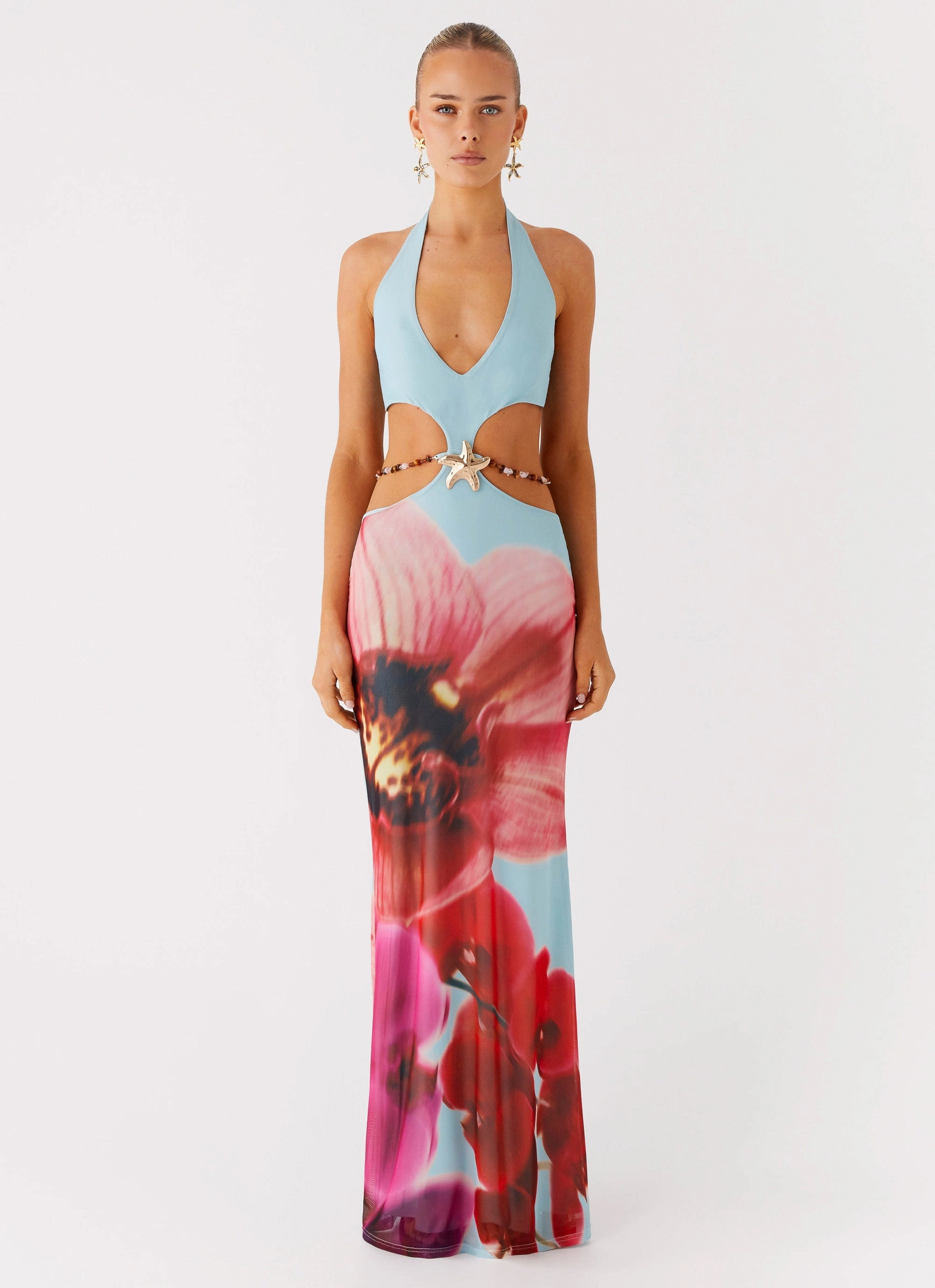 Front Detail Nordic Plain Time To Dance Maxi Dress - Turquoise Bloom