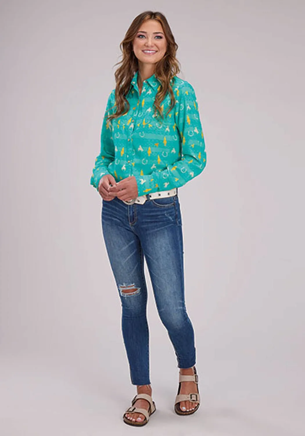 Roper Womens Vintage Aztec Print Turquoise 100% Rayon L/S Blouse Non Restrictive Fit Dynamic Design
