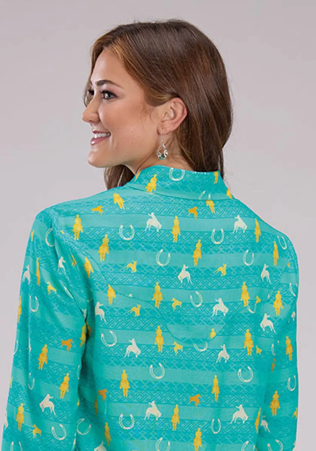 Youth fashion Weekend Casual Roper Womens Vintage Aztec Print Turquoise 100% Rayon L/S Blouse