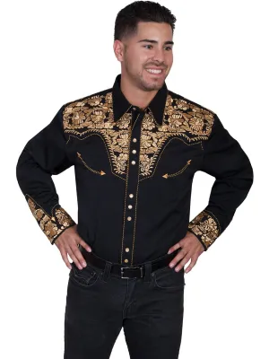 Timeless elegance Scully Mens Gold Poly/Rayon Tooled Floral L/S Shirt No Bulk Layering System garden party Scully Mens Gold Poly/Rayon Tooled Floral L/S Shirt