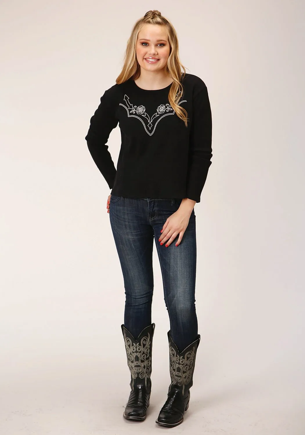 Fashionable Waist Roper Womens Waffle Arrows Jet Black 100% Cotton L/S T-Shirt