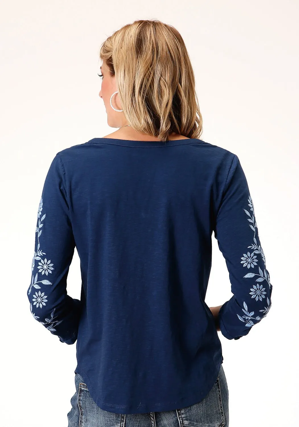 Fall Foliage Stylish Design Roper Womens Blue 100% Cotton Floral Crewel S/S Tunic