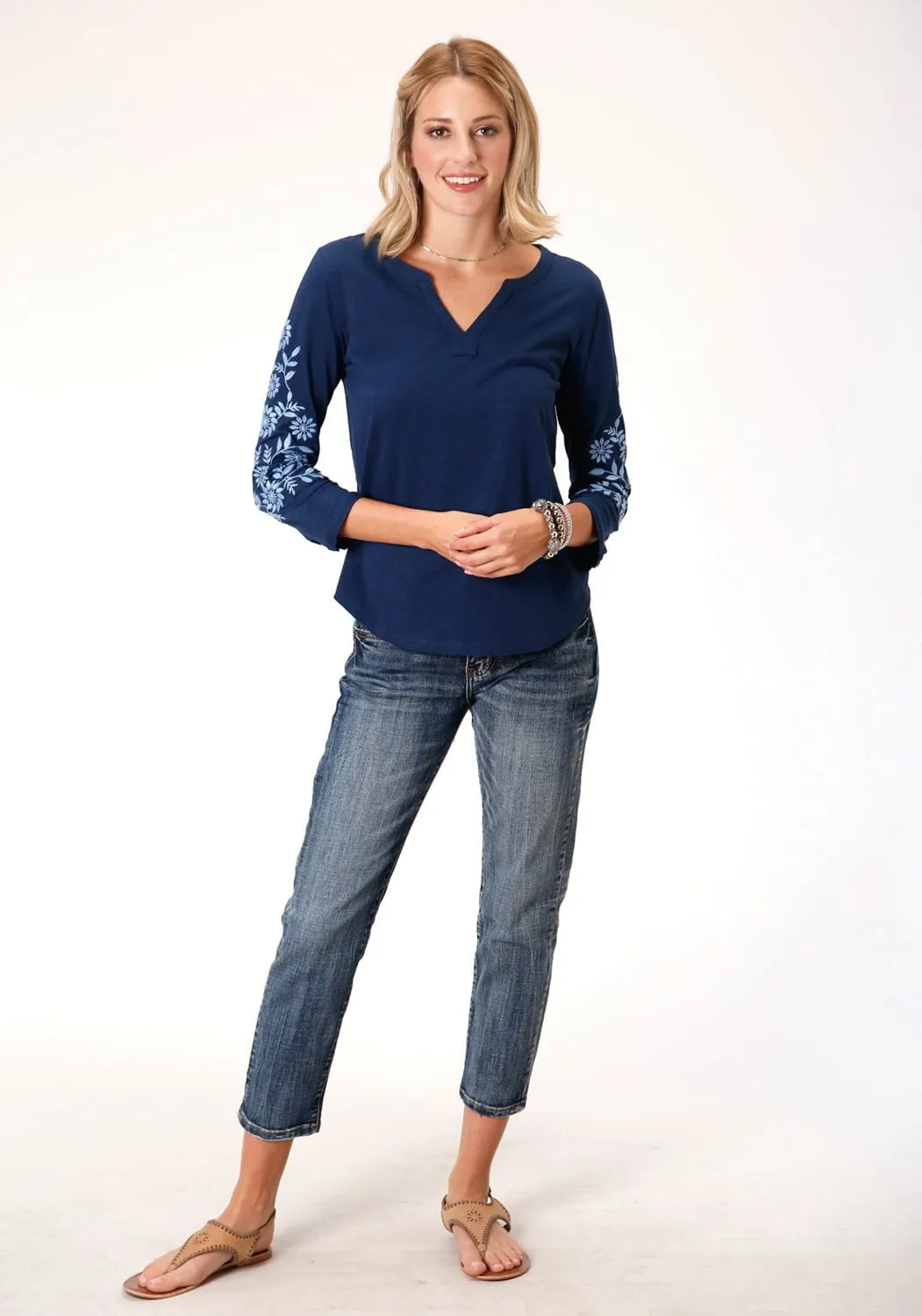 Roper Womens Blue 100% Cotton Floral Crewel S/S Tunic Embroidered Logo Seamless Side Panels