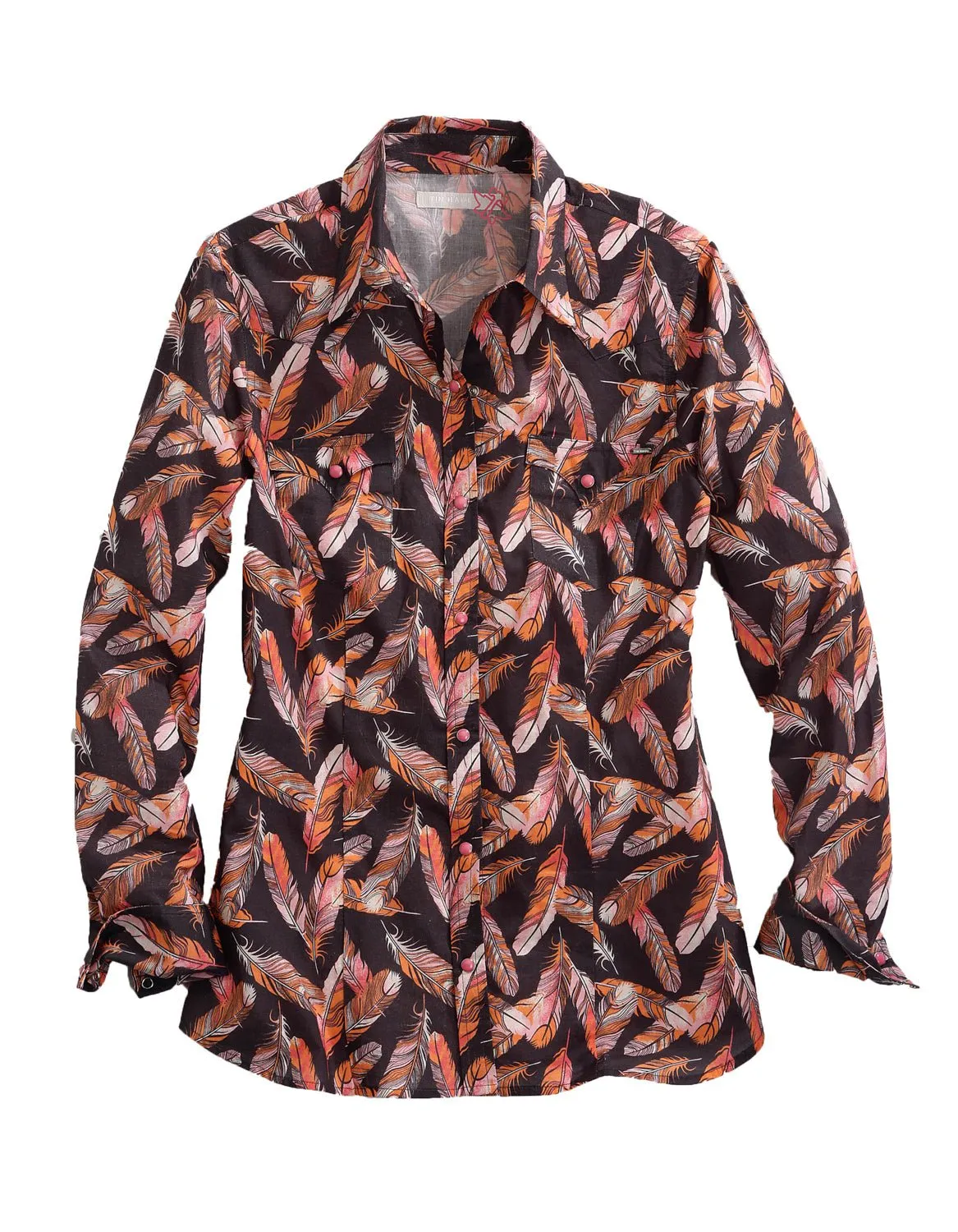 Stylish Vibrant Layered Look Tin Haul Womens Black 100% Cotton Gray Feather L/S Shirt