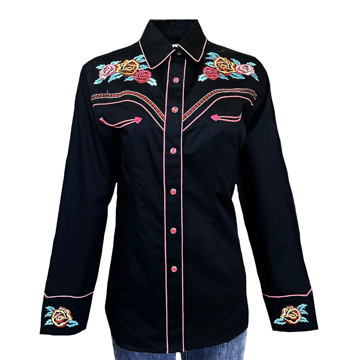 Riveted Stress Points Rockmount Womens Vintage Rose Bouquet Black 100% Cotton L/S Shirt
