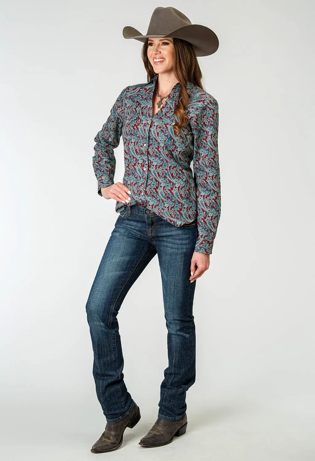 Odorless Binding Tape Roper Womens 1935 River Paisley Red 100% Cotton L/S Shirt