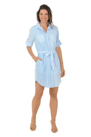 Timeless Wardrobe Chambray Striped Roll Sleeve Dress warm tones Trend Focused Chambray Striped Roll Sleeve Dress