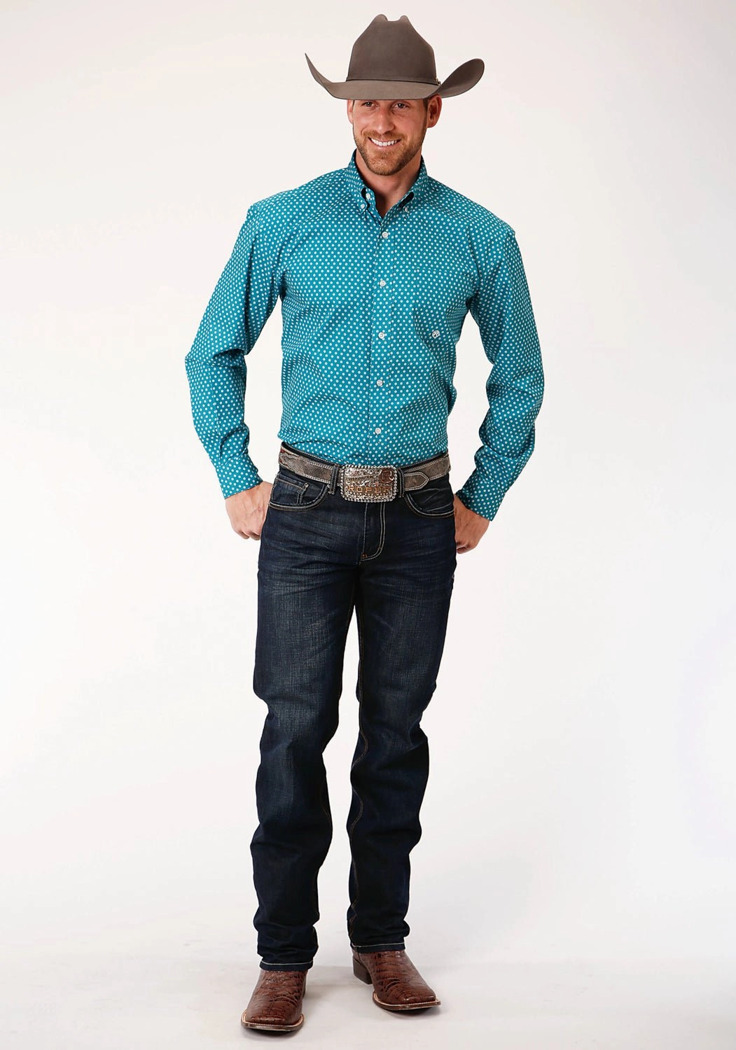 Roper Mens Teal 100% Cotton Mini Foulard BD L/S 1 Pkt Shirt Durable Button Closures