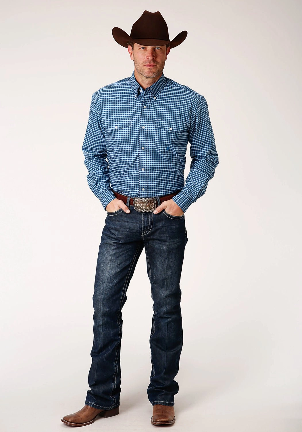 quick dry Active Fit Roper Mens Blue 100% Cotton Oxford Check BD L/S Btn Shirt