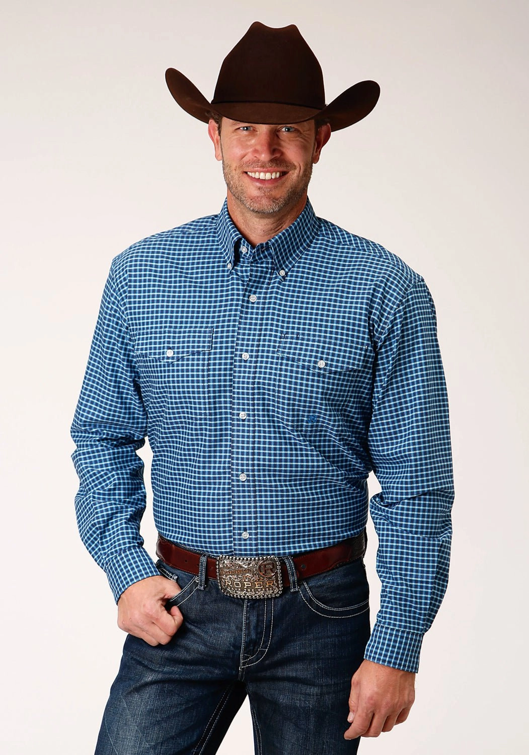 Roper Mens Blue 100% Cotton Oxford Check BD L/S Btn Shirt Relaxed Silhouette Boho chic