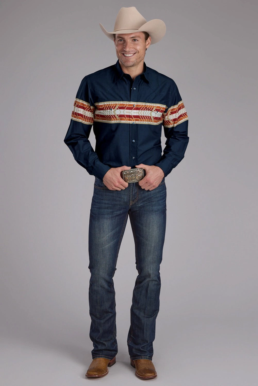 Roper Mens Horizontal Aztec Border Navy 100% Cotton L/S Shirt Versatile Design