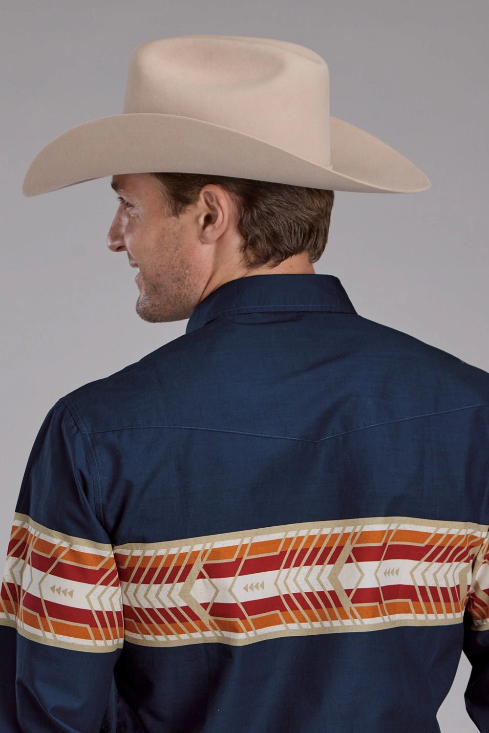 Snag Free Surface Earthy Hue Roper Mens Horizontal Aztec Border Navy 100% Cotton L/S Shirt