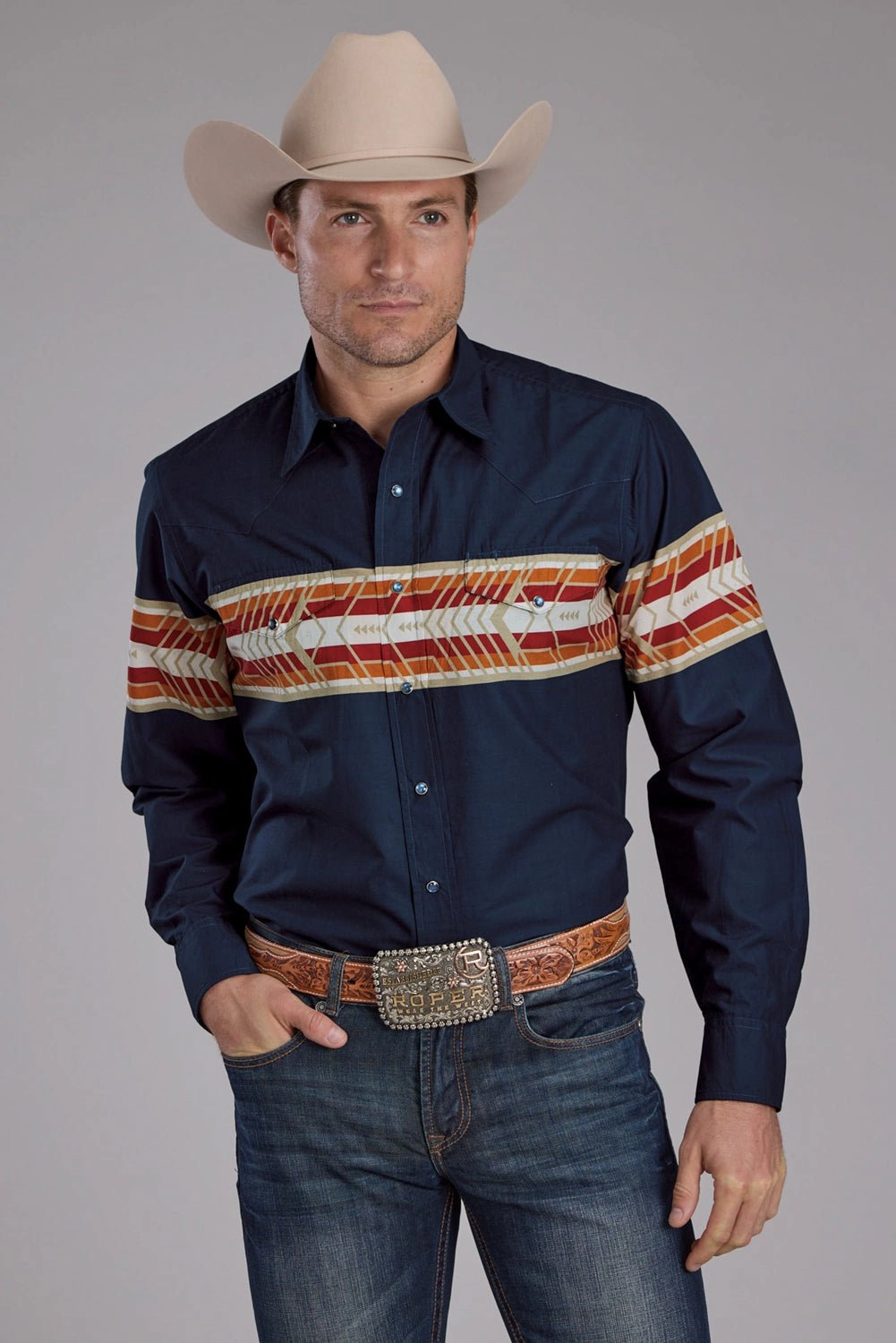 Roper Mens Horizontal Aztec Border Navy 100% Cotton L/S Shirt Everyday Fashion Fitted Shape