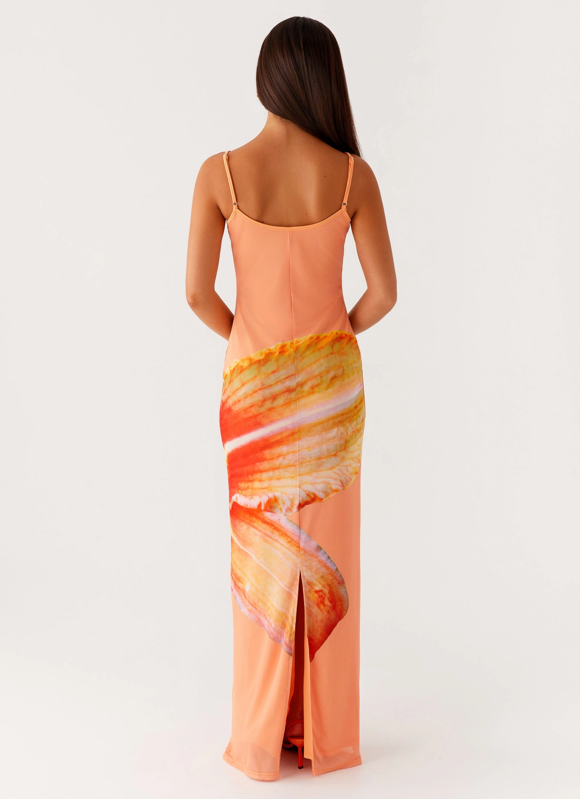 Bad News Mesh Maxi Dress - Orange Floral Functional Fit Fluid movement