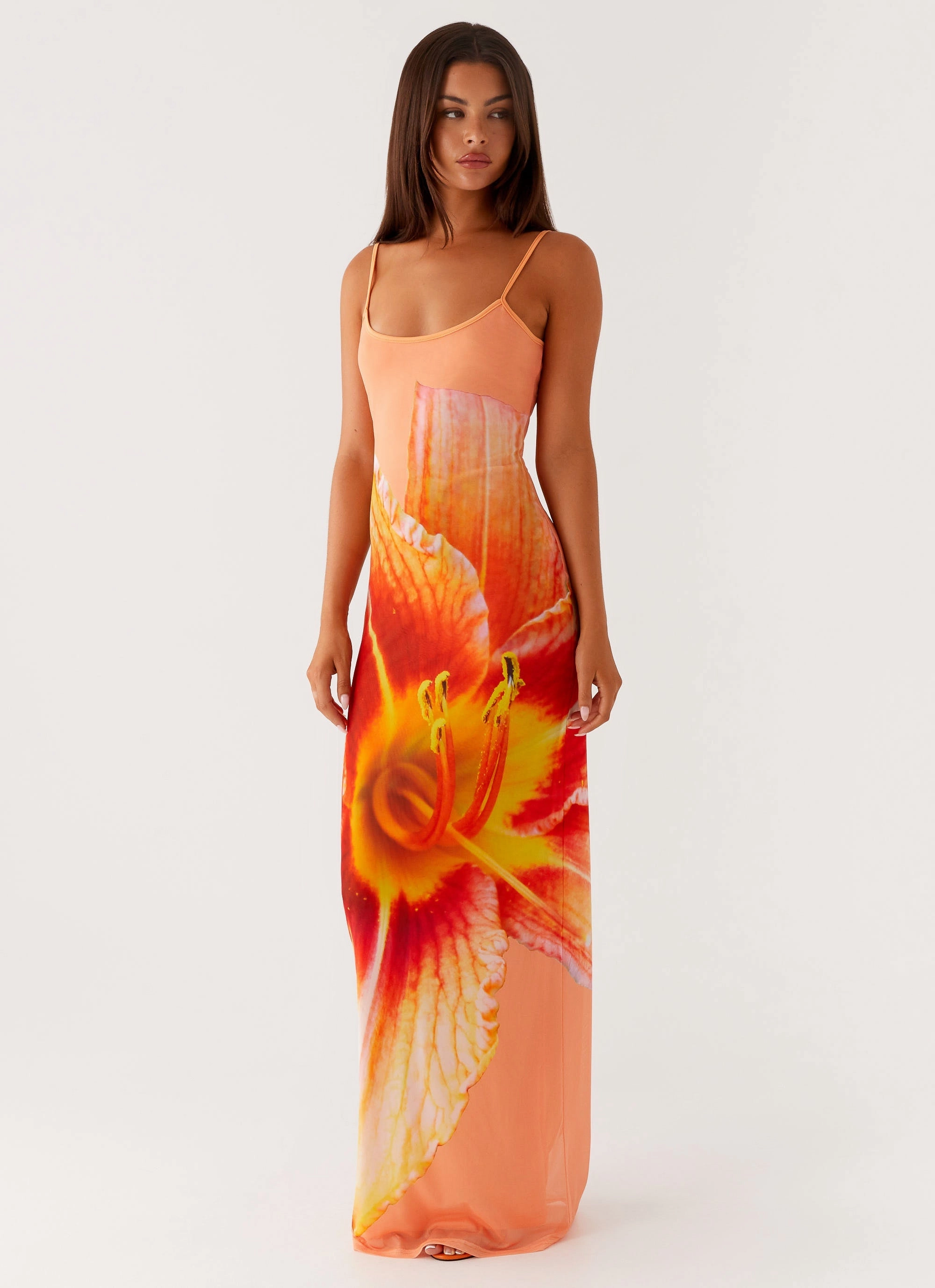 Textured Surface Bad News Mesh Maxi Dress - Orange Floral