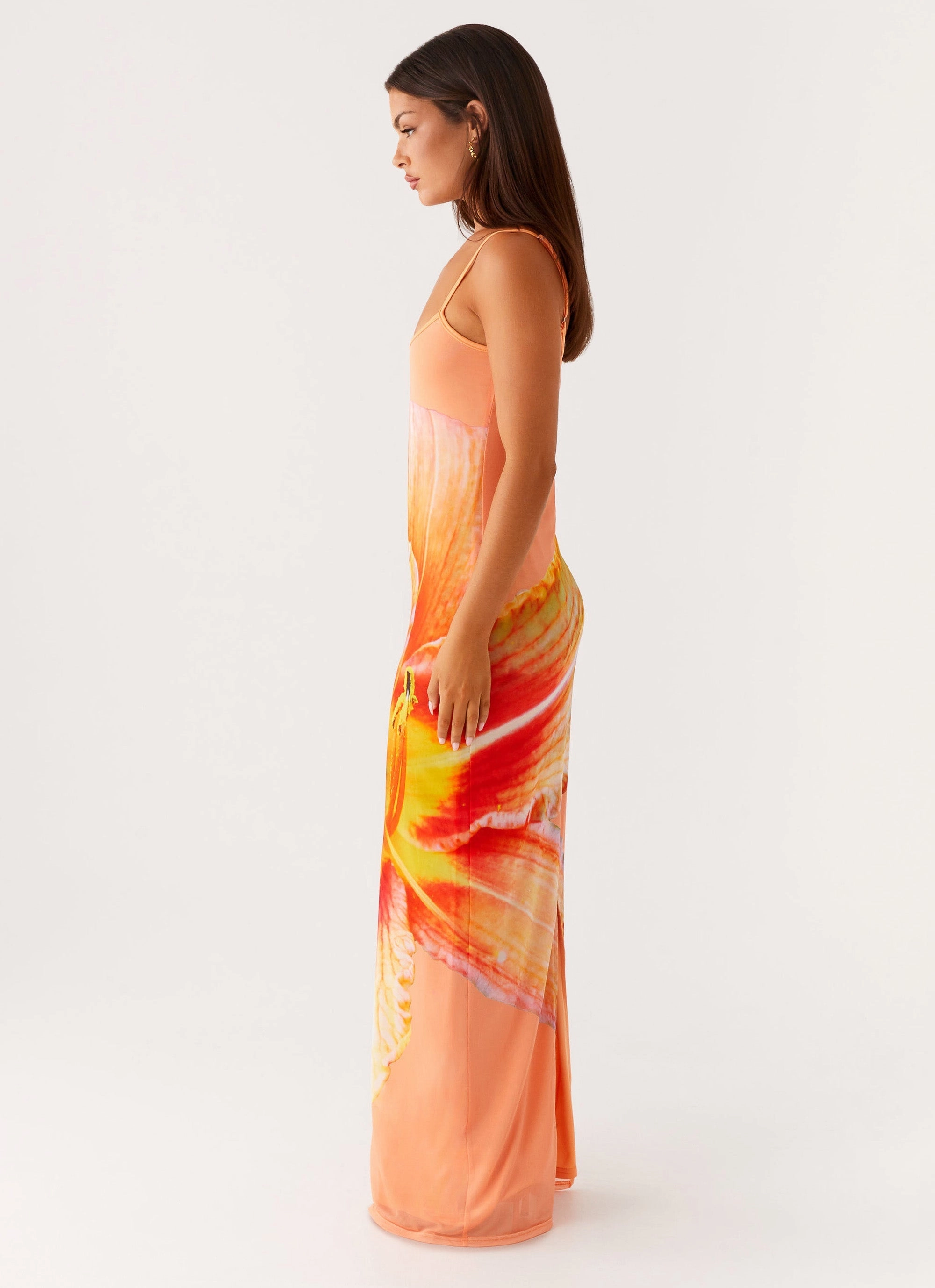 Bad News Mesh Maxi Dress - Orange Floral Water-resistant Understated Glam