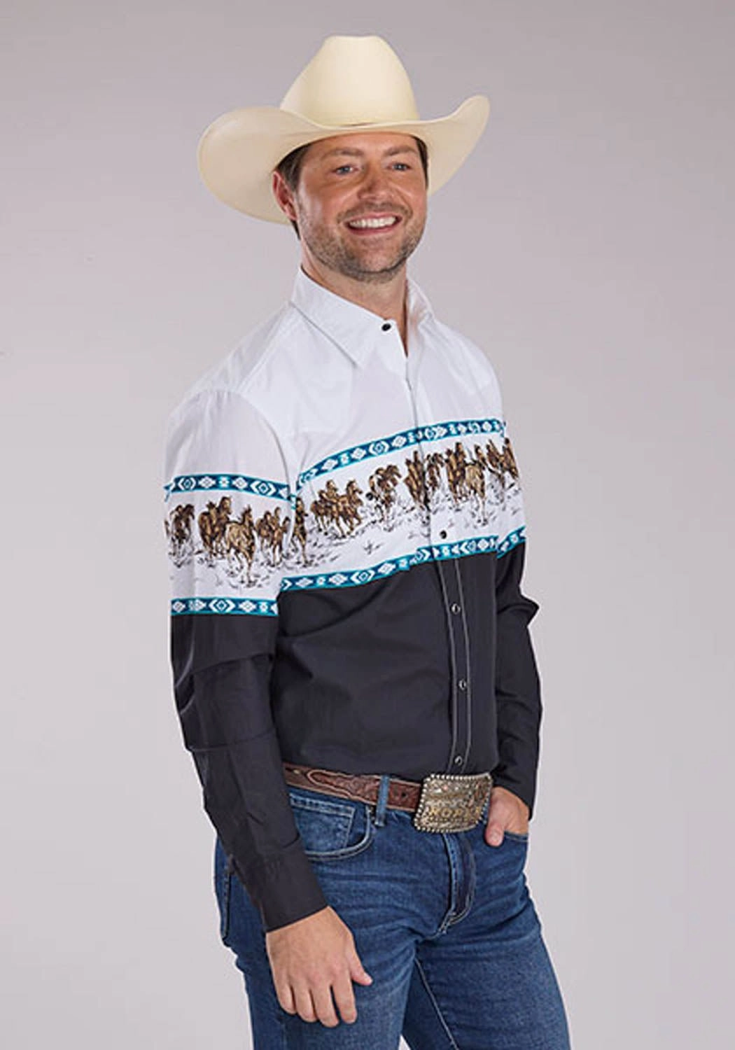 Roper Mens Running Horse Border Black 100% Cotton L/S Shirt Micro Perforated Texture crew neck